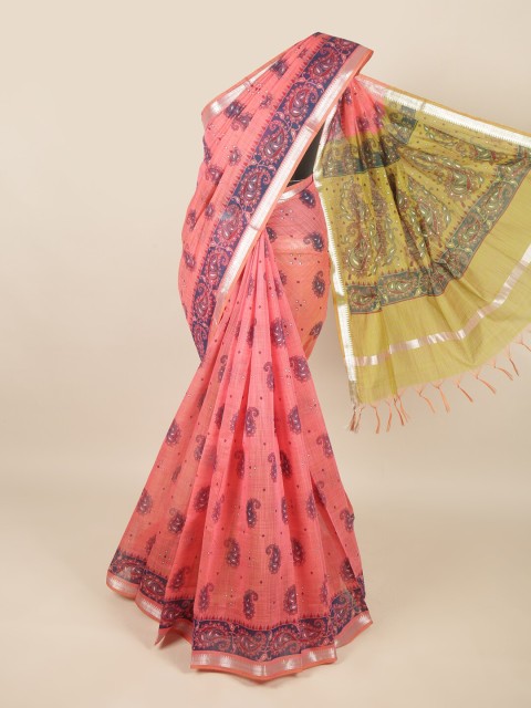 

Pothys Coral & Blue Ethnic Motifs Printed Zari Silk Cotton Saree
