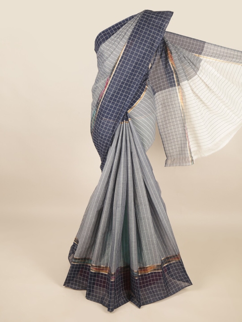 

Pothys Grey & Navy Blue Striped Zari Pure Cotton Saree