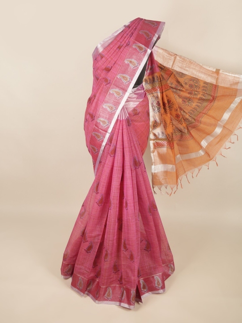 

Pothys Magenta & Silver-Toned Paisley Zari Silk Cotton Saree