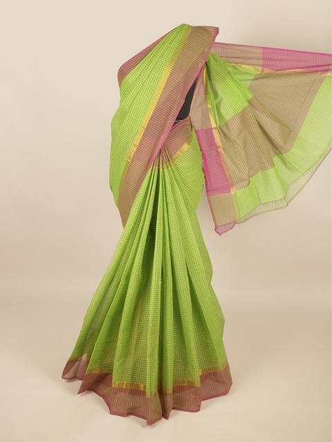 

Pothys Fluorescent Green & Purple Pure Cotton Checked Saree