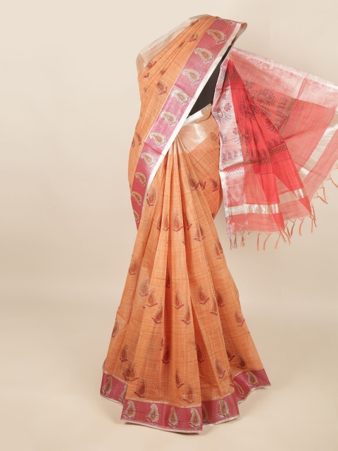 

Pothys Peach-Coloured & Red Paisley Zari Silk Cotton Saree