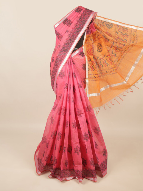 

Pothys Pink & Orange Ethnic Motifs Printed Zari Silk Cotton Saree