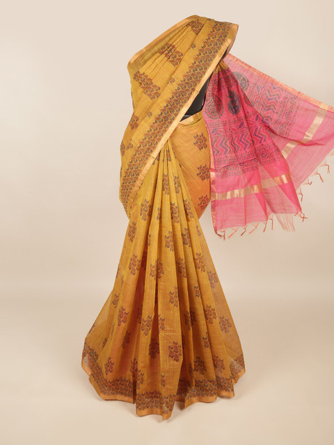 

Pothys Mustard Yellow & Pink Ethnic Motifs Zari Silk Cotton Saree