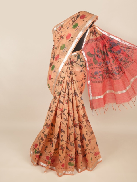 

Pothys Peach-Coloured & Orange Floral Printed Silk Cotton Saree