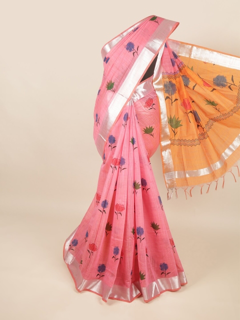 

Pothys Pink Floral Zari Silk Cotton Saree