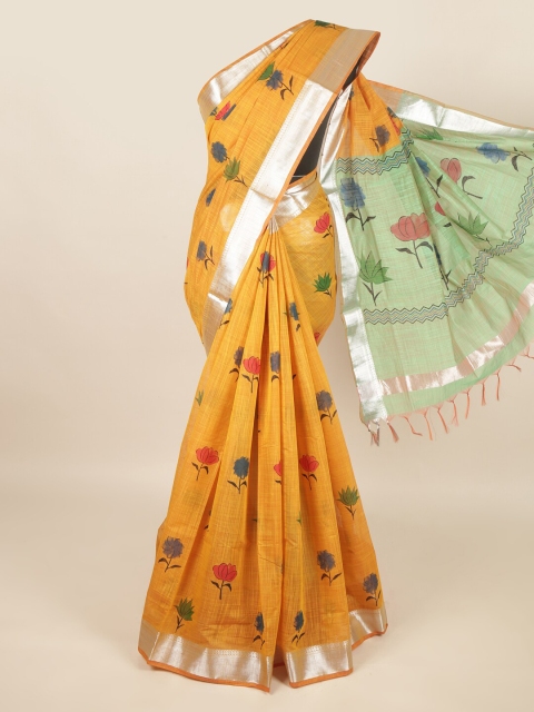 

Pothys Mustard & Green Floral Silk Cotton Saree