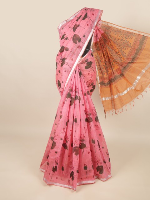 

Pothys Pink & Orange Floral Printed Zari Silk Cotton Saree