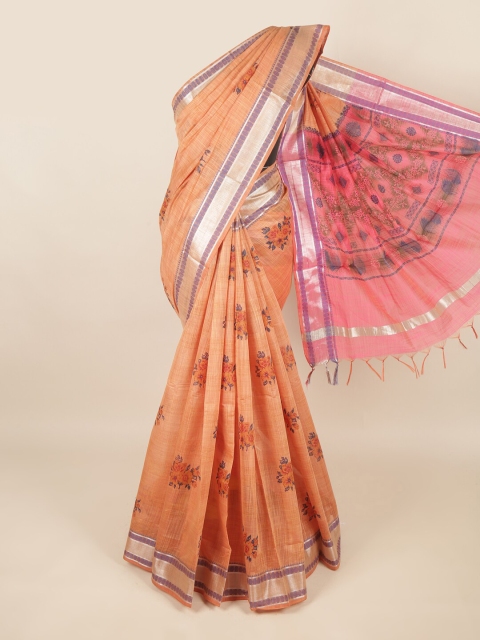 

Pothys Peach-Coloured & Pink Floral Silk Cotton Saree