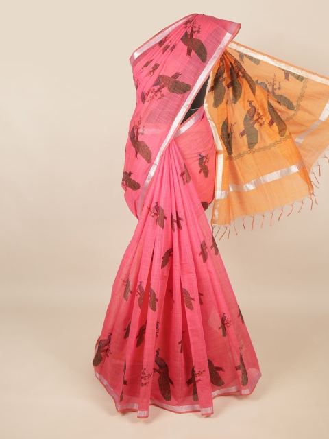 

Pothys Coral & Silver-Toned Ethnic Motifs Printed Zari Silk Cotton Saree