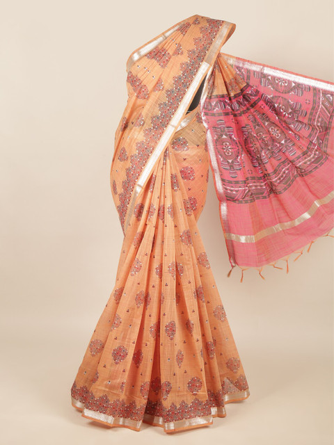 

Pothys Peach-Coloured & Pink Ethnic Motifs Silk Cotton Saree