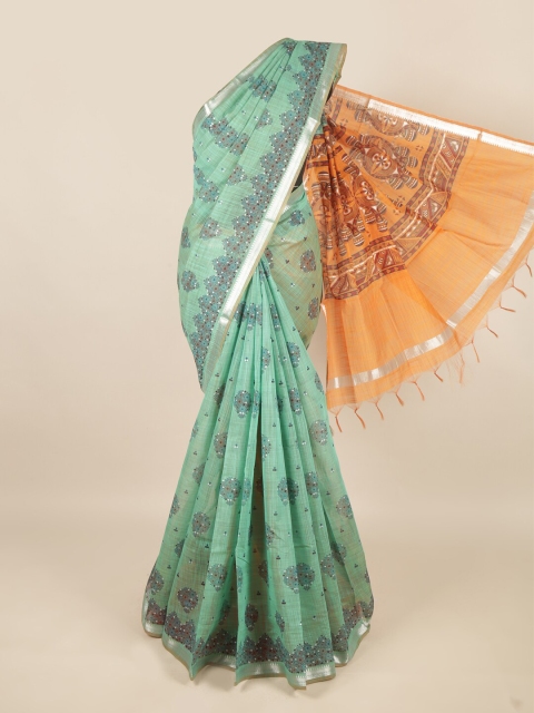 

Pothys Green & Coral Ethnic Motifs Zari Silk Cotton Saree