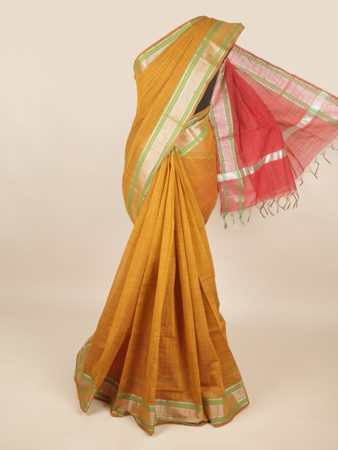 

Pothys Mustard & Peach-Coloured Woven Design Zari Silk Cotton Saree