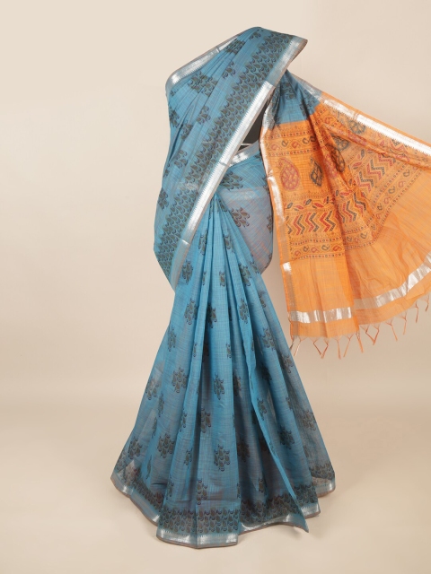

Pothys Teal & Orange Ethnic Motifs Zari Silk Cotton Saree