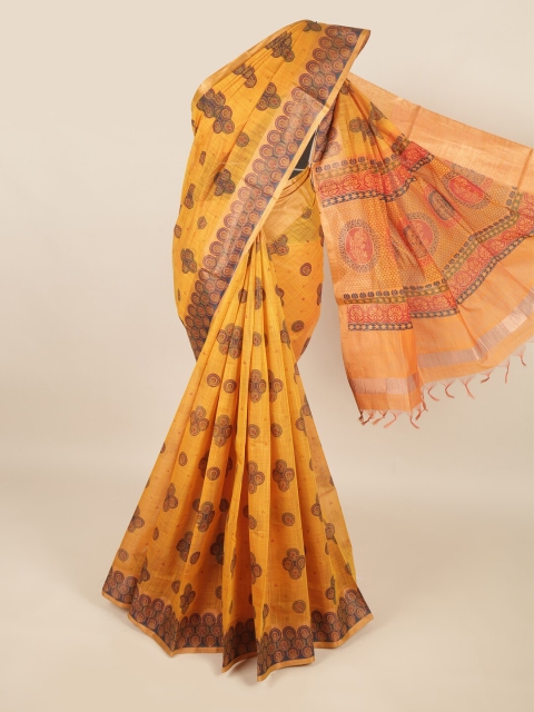 

Pothys Mustard & Blue Ethnic Motifs Zari Silk Cotton Saree