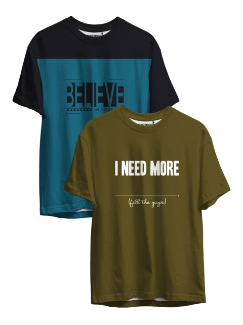 

mezmoda Boys Olive Green & Blue Pack of 2 Printed Drop-Shoulder Sleeves T-shirt