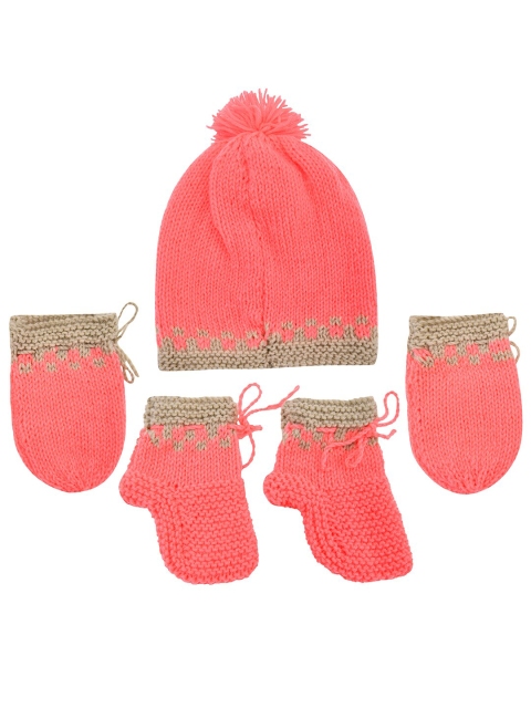 

The Original Knit Girls Set Of 3 Peach & Beige Cap With Mittens & Socks