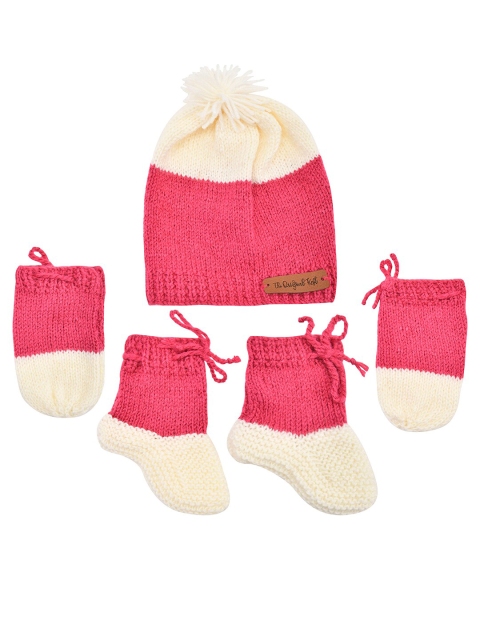 

The Original Knit Girls Pink & Cream Colourblocked Hanmade Beanie With Mittens & Socks