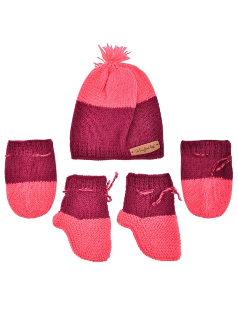 

The Original Knit Girls Rose & Burgundy Colourblocked Handmade Cap, Mittens & Socks
