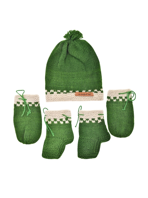 

The Original Knit Kids Green & White Knitted Handmade Beanie, Mittens & Socks