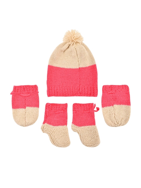 

The Original Knit Girls Pink & Cream Colourblocked Hanmade Beanie With Mittens & Socks