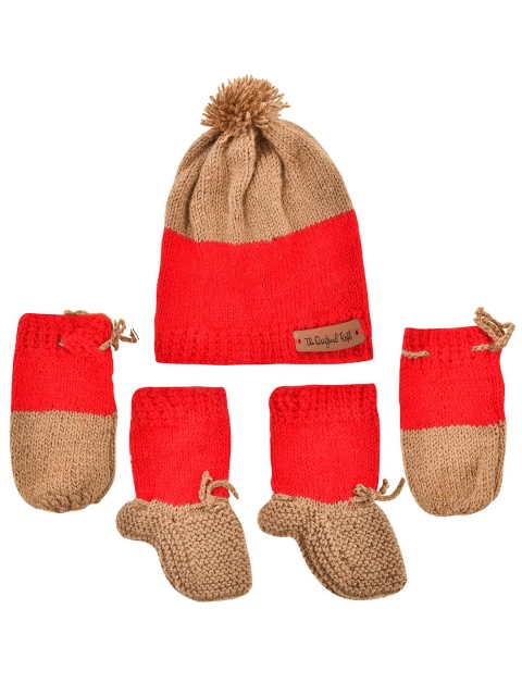 

The Original Knit Kids Beige & Red Colourblocked Acrylic Beanie Mittens & Socks