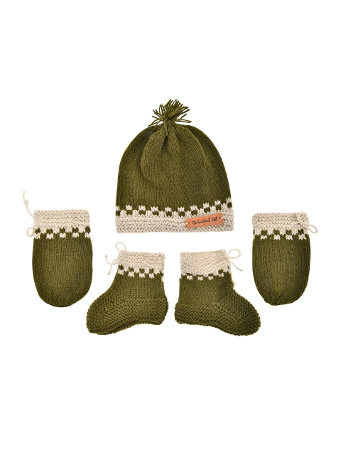 

The Original Knit Unisex Kids Green & Cream Handmade Beanie With Mittens & Socks