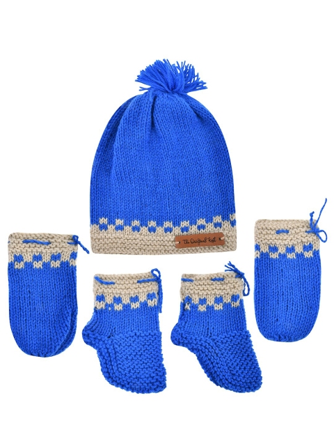 

The Original Knit Unisex Kids Blue & Beige Handmade Cap, mittens and socks