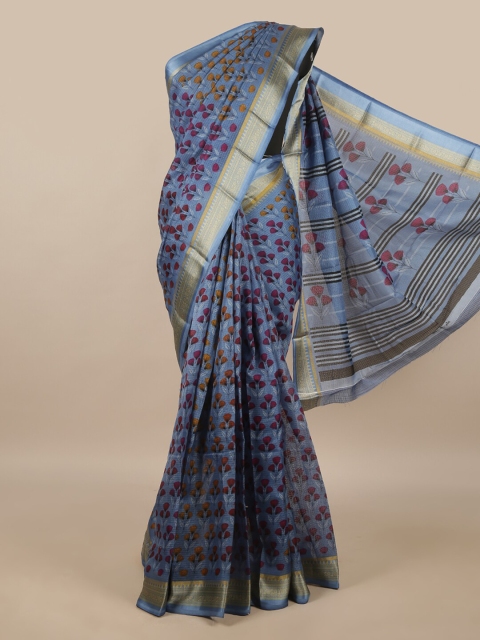 

Pothys Blue & Gold-Toned Floral Zari Saree