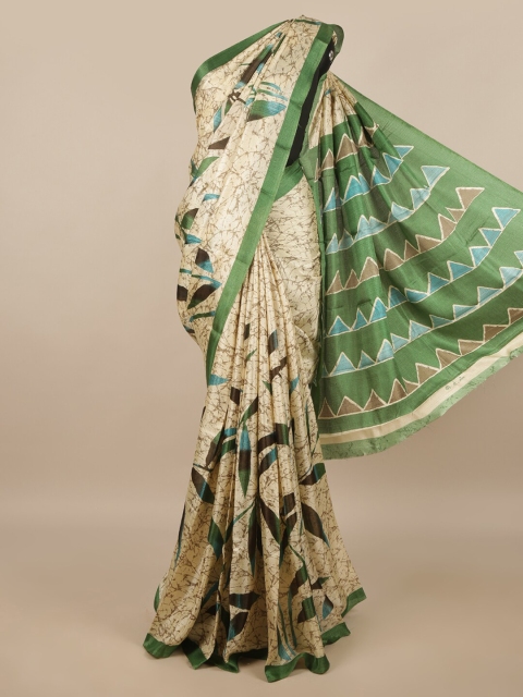 

Pothys Cream-Coloured & Green Printed Saree