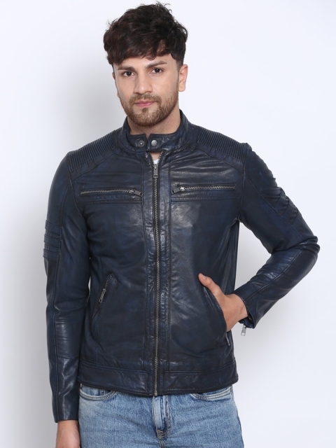 

Justanned Men Navy Blue Leather Lightweight Biker Jacket