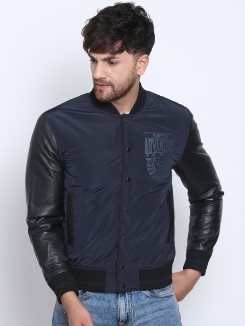 

Justanned Men Navy Blue Bomber Jacket