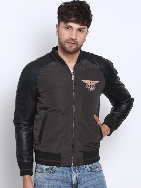 

Justanned Men Brown Black Typography Lightweight Bomber Jacket