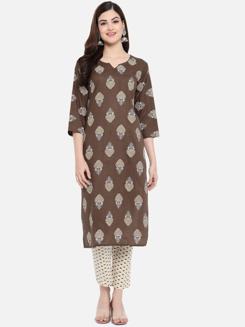 

GRACIT Women Brown Ethnic Motifs Printed Kurta with Trousers