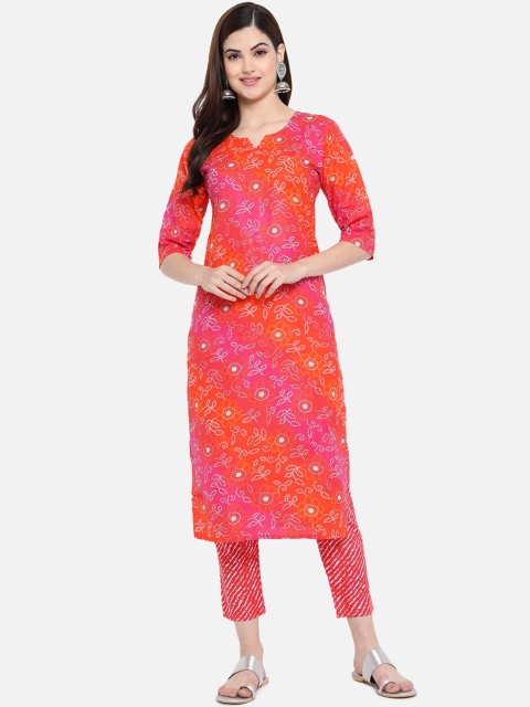 

GRACIT Woman Red Ethnic Motifs Cambric Cotton Printed Kurti with Trousers