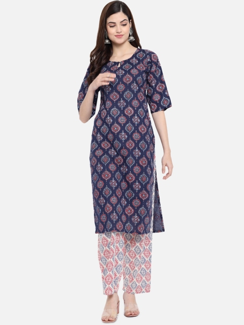 

GRACIT Women Navy Blue Floral Printed Kurta with Trousers