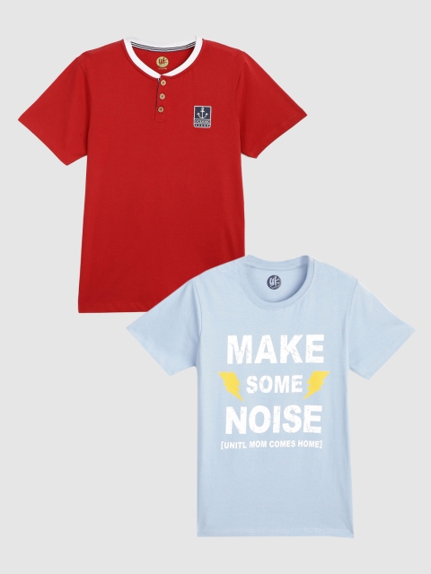 

YK Boys Set of 2 Red & Blue Typography Printed T-shirt