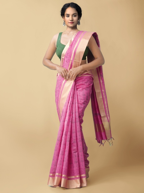 

Unnati Silks Pink Printed Chanderi Sico Saree