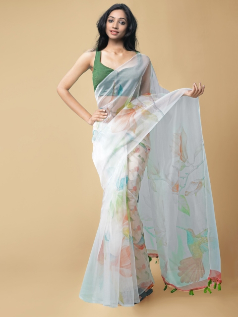 

Unnati Silks Cream Floral Block Print Organza Saree