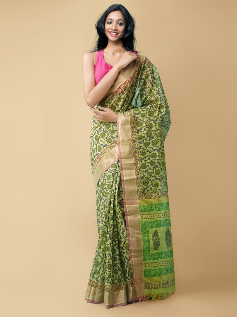 

Unnati Silks Green & Maroon Ethnic Motifs Zari Silk Cotton Chanderi Saree