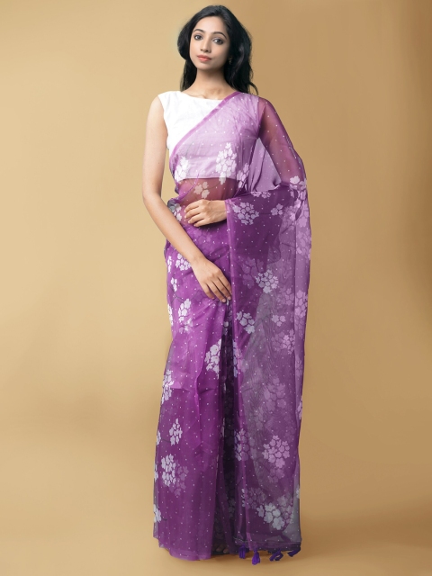 

Unnati Silks Purple & White Block Printed Organza Saree