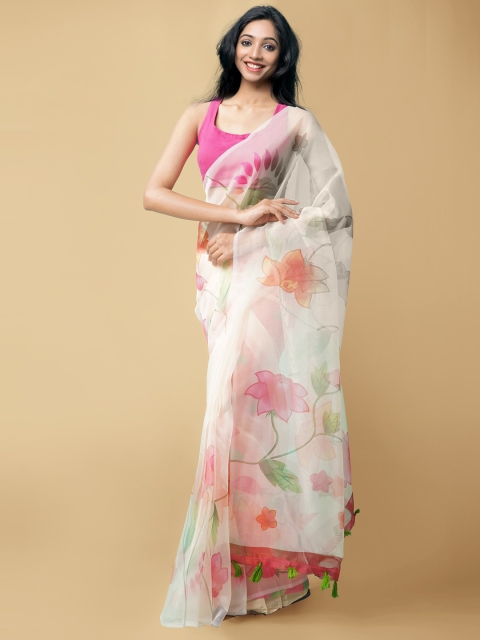 

Unnati Silks Cream-Coloured & Pink Floral Organza Block Print Saree