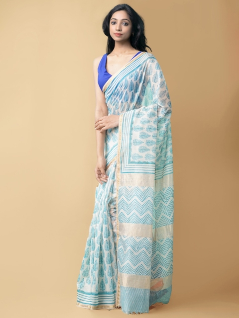 

Unnati Silks Cream Ethnic Motifs Zari Silk Cotton Chanderi Saree