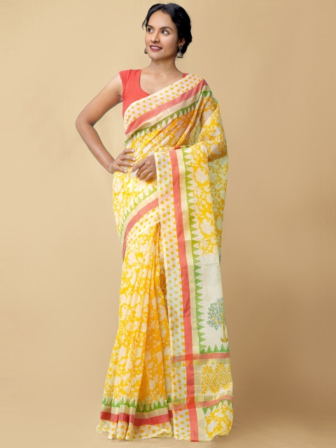 

Unnati Silks White & Orange Zari Pure Cotton Kota Saree