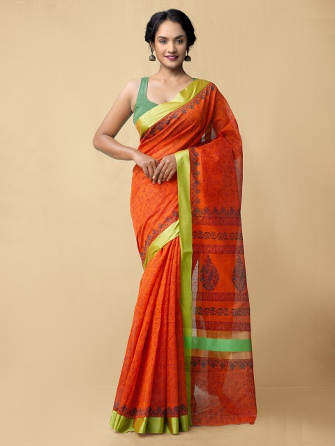 

Unnati Silks Red Block Printed Chanderi Sico Saree