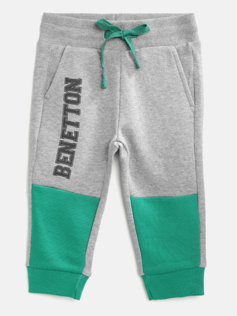 

United Colors of Benetton Boys Grey Melange & Green Pure Cotton Colourblocked Joggers