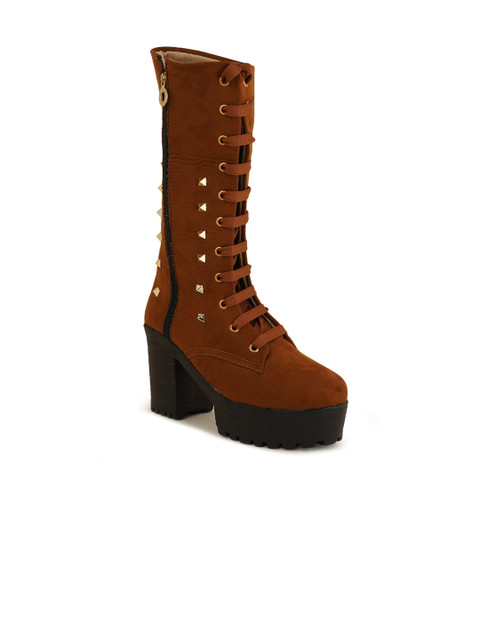 

SAPATOS Women Tan Patent Leather High-Top Flat Boots
