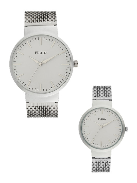 

FLUID Unisex Combo of 2 White Dial & Silver Toned Bracelet Style Straps Watch Gift Set