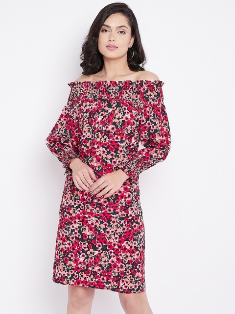 

Ruhaans Women Black & Red Floral Off-Shoulder Crepe A-Line Dress