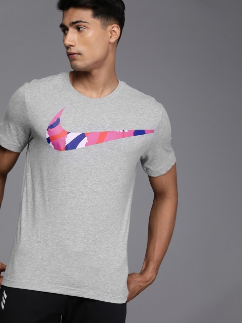 

Nike Men Grey & Pink Brand Logo Printed Dri-FIT Training T-shirt
