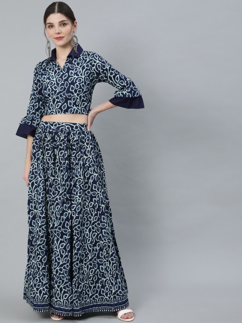 

Luni Women Blue & White Printed Top with Skirt & With Jacket